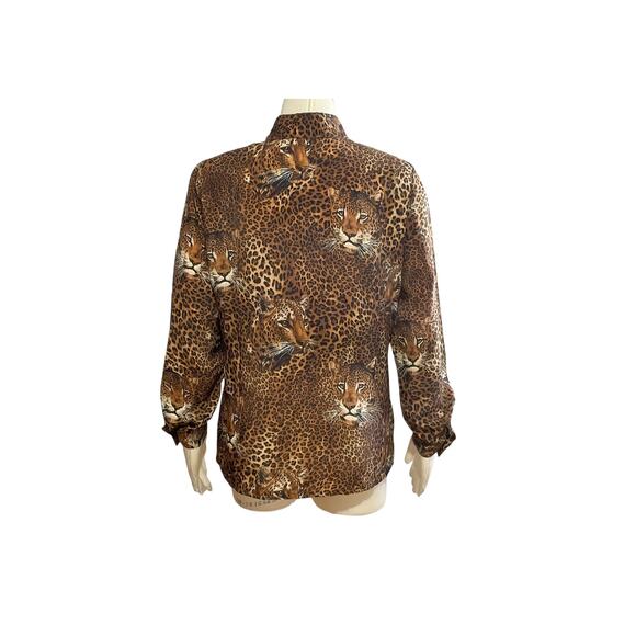 1980s GIANNI Big Cat Leopard Head & Print Rayon Long Sleeve Button Blouse Sz 12 - Picture 3 of 8
